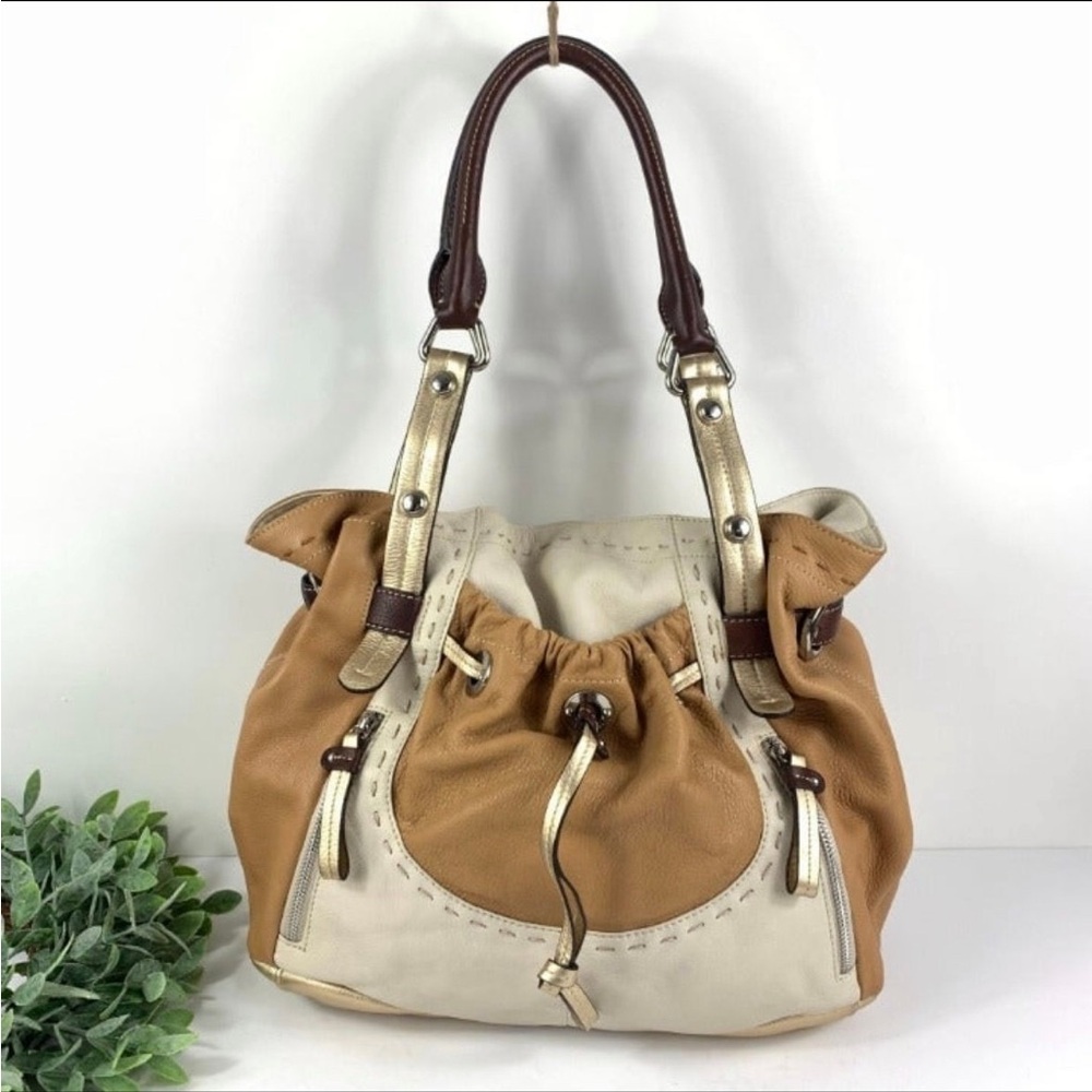B. Makowsky Women's Natural Brown Cream Gold Hobo Shoulder Bag Leather